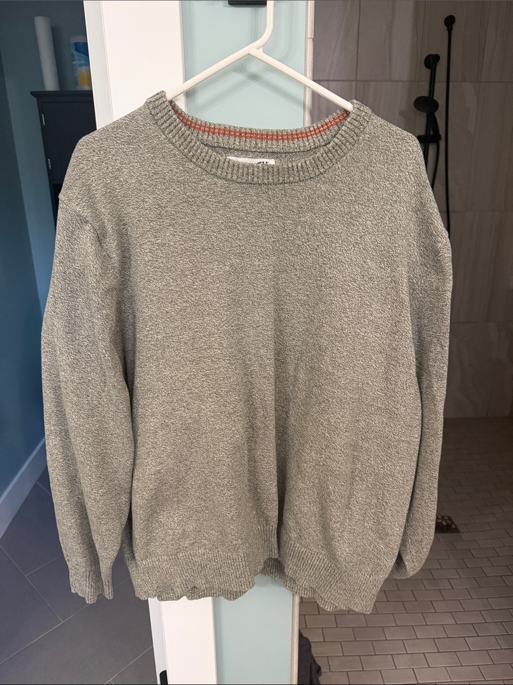 Duluth Trading Co Gray Crewneck Sweater with Subtle Orange Neck Detail